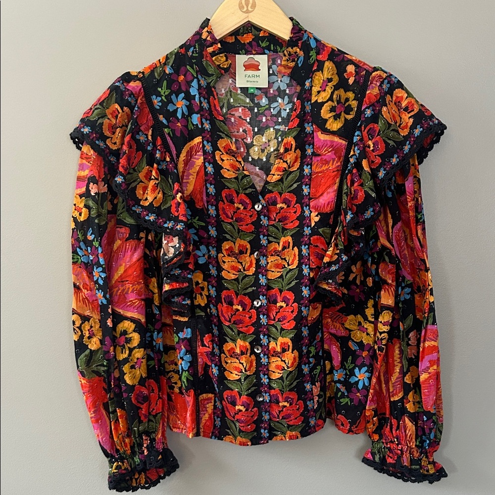 Farm Rio Boho Floral Ruffle‎ Top Size Medium Spring Bananas Flowy Tropical
